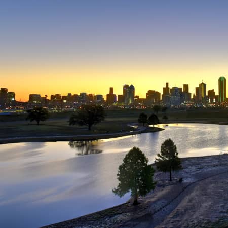 Trinity River with Dallas Skyline at Sunset